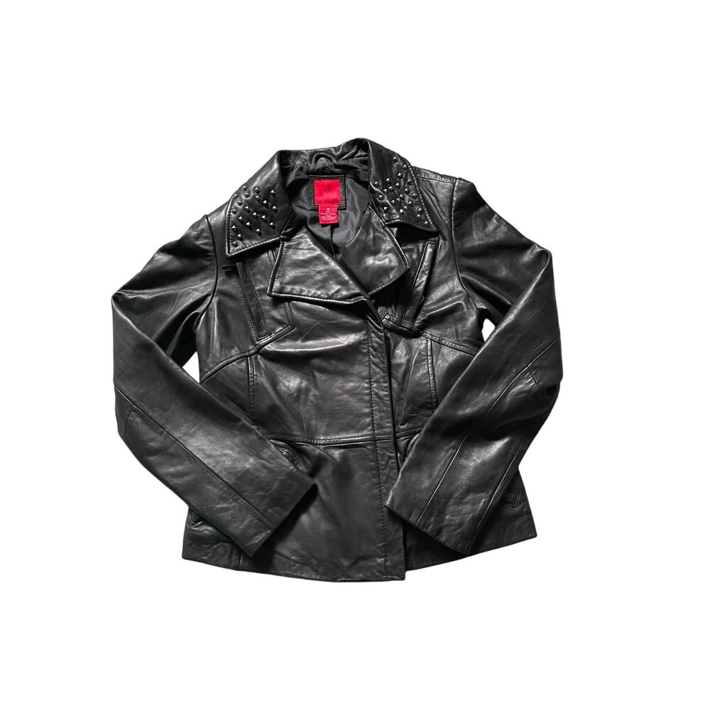 Leather Studded Collar Jacket Size Small Biker Edgy Saks Fifth Ave Unisex Moto
